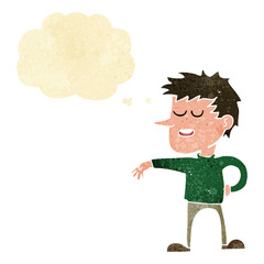 cartoon man making dismissive gesture with thought bubble