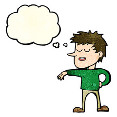 cartoon man making dismissive gesture with thought bubble