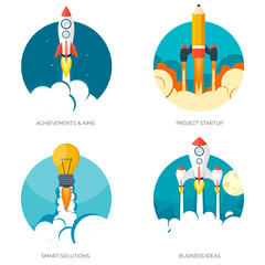 Flat rocket icon. Startup concept. Project development.