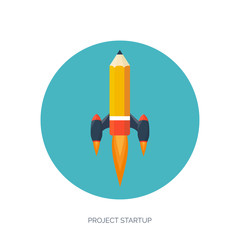 Flat rocket icon. Startup concept. Project development.