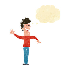 cartoon happy man waving with thought bubble