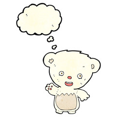 cartoon polar bear cub waving with thought bubble