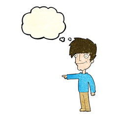 cartoon happy man pointing with thought bubble