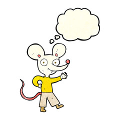 cartoon waving mouse with thought bubble