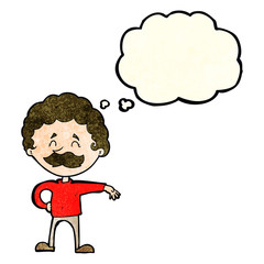 cartoon man making camp gesture with thought bubble