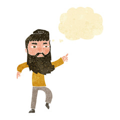 cartoon bearded man pointing the way with thought bubble