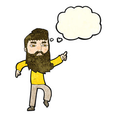 cartoon bearded man pointing the way with thought bubble