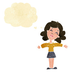 cartoon woman with open arms with thought bubble