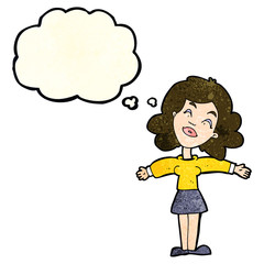 cartoon woman with open arms with thought bubble