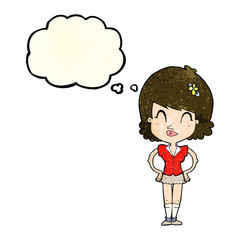 cartoon happy woman with thought bubble