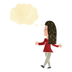 cartoon woman shrugging shoulders with thought bubble