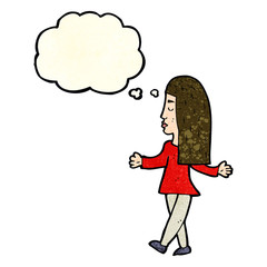 cartoon woman shrugging shoulders with thought bubble