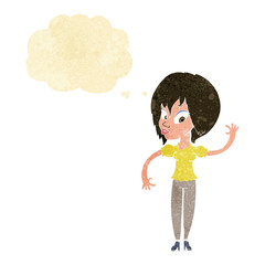 cartoon woman waving with thought bubble