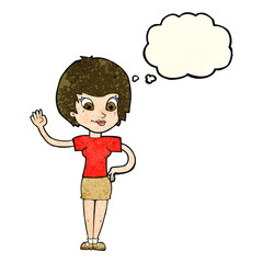 cartoon woman waving with thought bubble