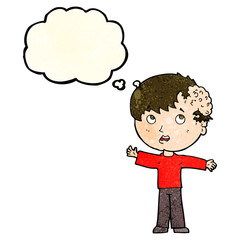 cartoon boy with growth on head with thought bubble