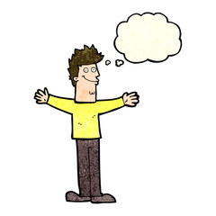 cartoon happy man with thought bubble