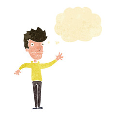 cartoon worried man reaching out with thought bubble