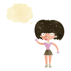 cartoon woman waving with thought bubble