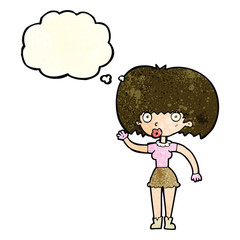 cartoon woman waving with thought bubble