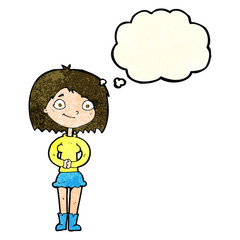 cartoon happy woman with thought bubble