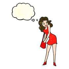cartoon woman looking in handbag with thought bubble