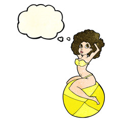 cartoon pin up girl sitting on ball with thought bubble