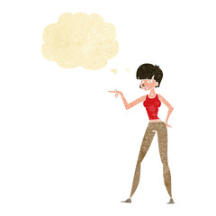 cartoon woman pointing with thought bubble