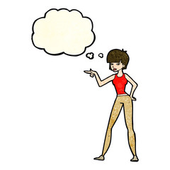 cartoon woman pointing with thought bubble