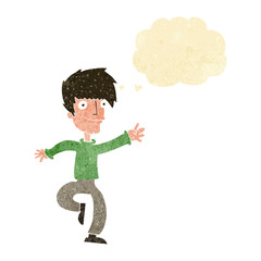 cartoon happy man dancing with thought bubble