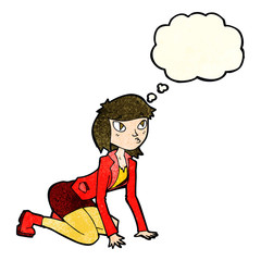 cartoon woman on hands and knees with thought bubble