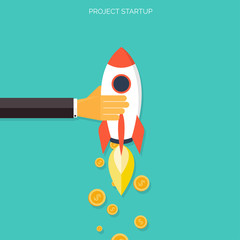 Flat rocket icon. Startup concept. Project development.