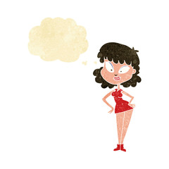 cartoon woman with hands on hips with thought bubble