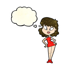 cartoon woman with hands on hips with thought bubble