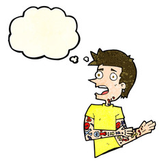 cartoon man with tattoos with thought bubble
