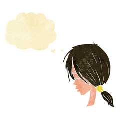 cartoon girl looking thoughtful with thought bubble