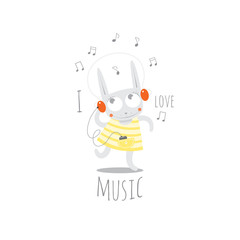 Children's postcard with cartoon little rabbit listening to music in earphones. Vector image.