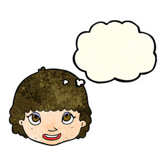 cartoon happy female face with thought bubble