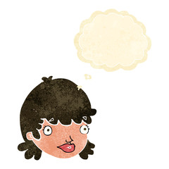 cartoon female face with surprised expression with thought bubbl