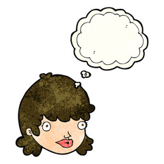 cartoon female face with surprised expression with thought bubbl