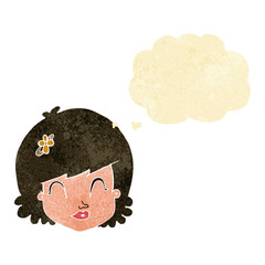cartoon happy female face with thought bubble