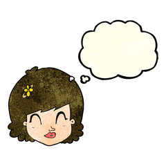 cartoon happy female face with thought bubble