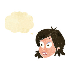 cartoon female face with surprised expression with thought bubbl