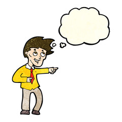 cartoon funny office man pointing with thought bubble