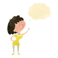 cartoon happy woman about to speak with thought bubble