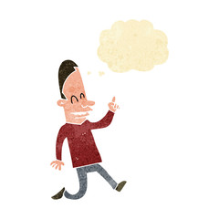 cartoon happy man pointing with thought bubble
