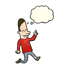 cartoon happy man pointing with thought bubble