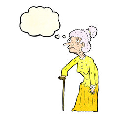 cartoon old woman with thought bubble