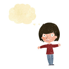 cartoon happy woman with thought bubble