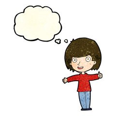 cartoon happy woman with thought bubble