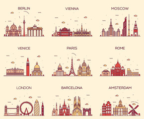 Europe skylines Paris London Barcelona line art - obrazy, fototapety, plakaty
